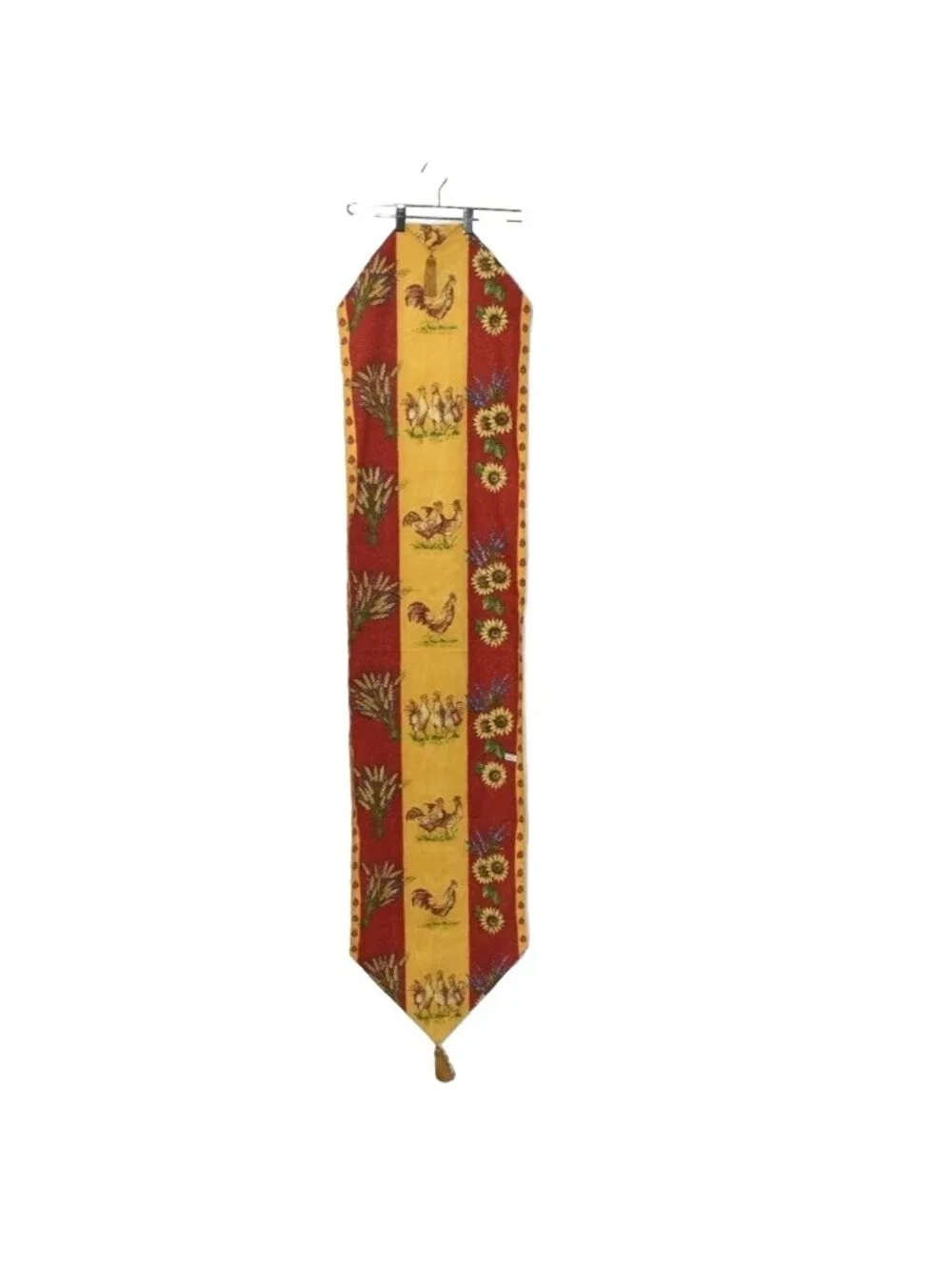 Country Rooster Sunflower Table Runner Tassels Yellow Maroon Red Cotton 16 x 72